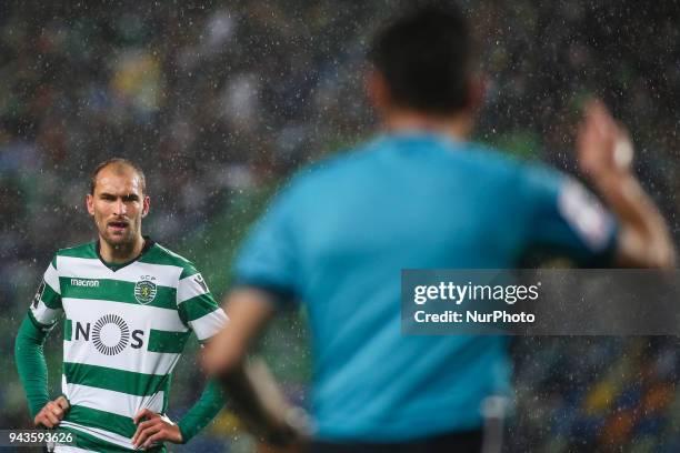 Sporting's Dutch forward Bas Dost reacts during the Portuguese League football match between Sporting CP and FC Pacos Ferreira at Alvalade stadium in...