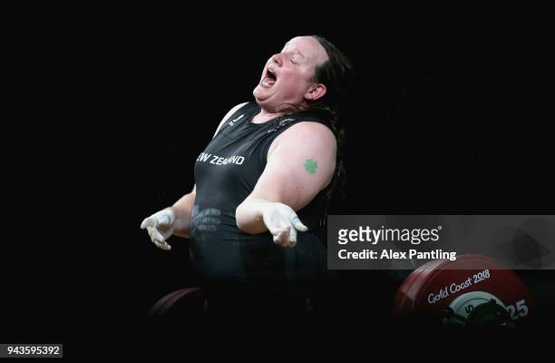 Laurel Hubbard of New Zealand fails to lift leading to an injury in the Women's 90kg Final during Weightlifting on day five of the Gold Coast 2018...
