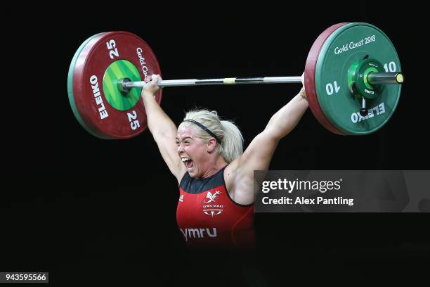 Tayla Howe of Wales competes competes in the Women's 90kg Final during Weightlifting on day five of the Gold Coast 2018 Commonwealth Games at Carrara...