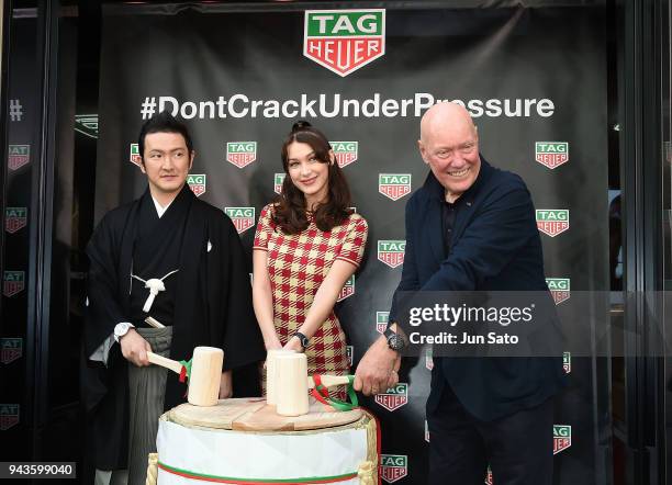 Kabuki actor Shido Nakamura, Bella Hadid and Head of Watchmaking of LVMH Jean-Claude Biver attend the opening ceremony for Tag Heuer Ginza Boutique...