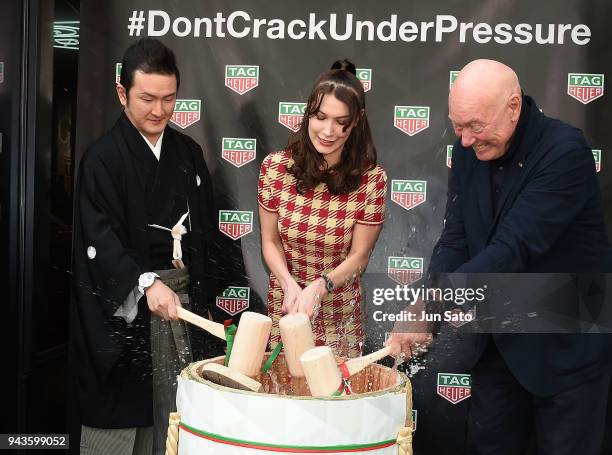 Kabuki actor Shido Nakamura, Bella Hadid and Head of Watchmaking of LVMH Jean-Claude Biver attend the opening ceremony for Tag Heuer Ginza Boutique...