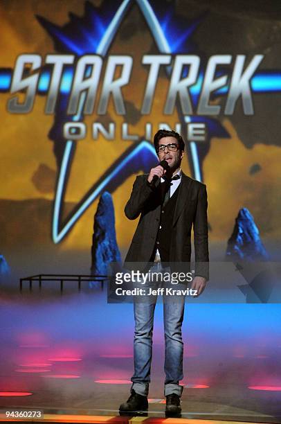 Actor Zachary Quinto onstage at Spike TV's 7th Annual Video Game Awards at the Nokia Event Deck at LA Live on December 12, 2009 in Los Angeles,...