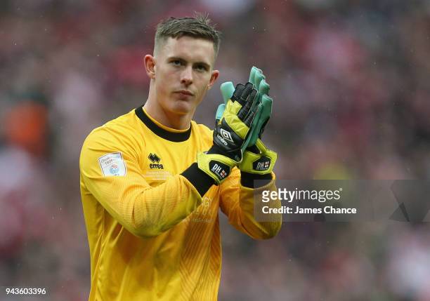 Dean Henderson of Shrewsbury Town shows appreciation to the fans after the Checkatrade Trophy Final match between Shrewsbury Town and Lincoln City at...