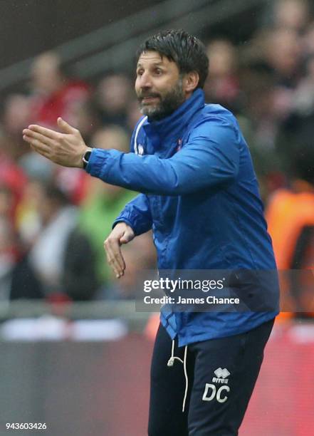Danny Cowley, Manager of Lincoln City gives his team instructions during the Checkatrade Trophy Final match between Shrewsbury Town and Lincoln City...