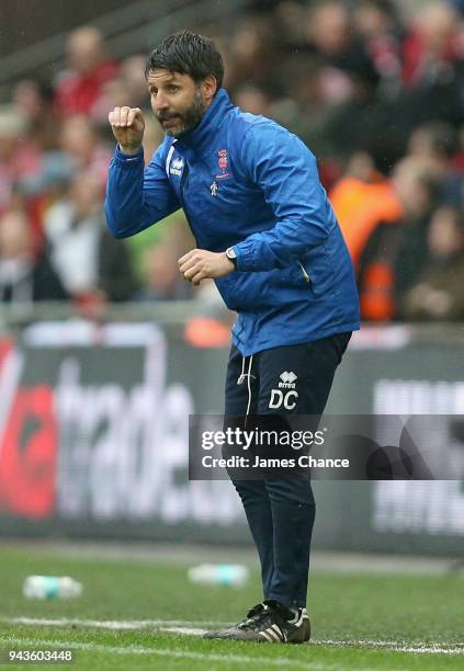 Danny Cowley, Manager of Lincoln City gives his team instructions during the Checkatrade Trophy Final match between Shrewsbury Town and Lincoln City...