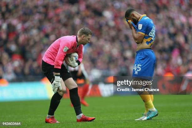 Stefan Payne of Shrewsbury Town reacts as during the Checkatrade Trophy Final match between Shrewsbury Town and Lincoln City at Wembley Stadium on...
