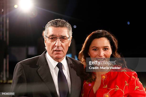 German Football Celebrity Rudi Assauer and Bettina Michel look on at the 22nd European Film Awards at the Jahrhunderthalle on December 12, 2009 in...