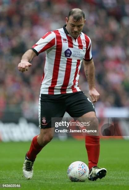 Matt Rhead of Lincoln City controls the ball during the Checkatrade Trophy Final match between Shrewsbury Town and Lincoln City at Wembley Stadium on...