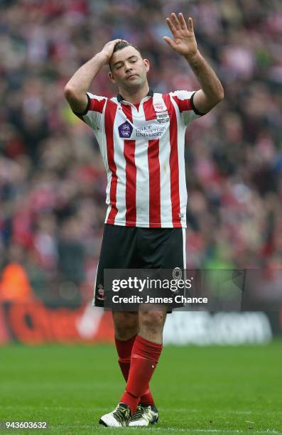 Matt Rhead of Lincoln City reacts during the Checkatrade Trophy Final match between Shrewsbury Town and Lincoln City at Wembley Stadium on April 8,...