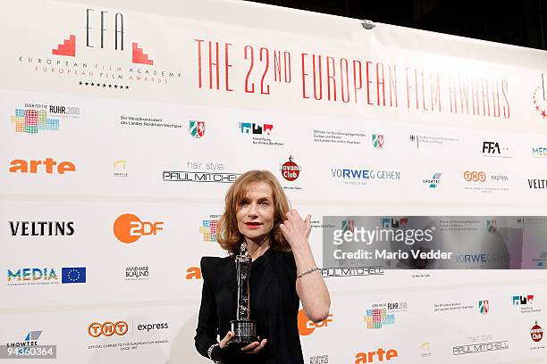 Isabelle Huppert presents her award at the 22nd European Film Awards at the Jahrhunderthalle on December 12, 2009 in Bochum, Germany. Huppert is the...