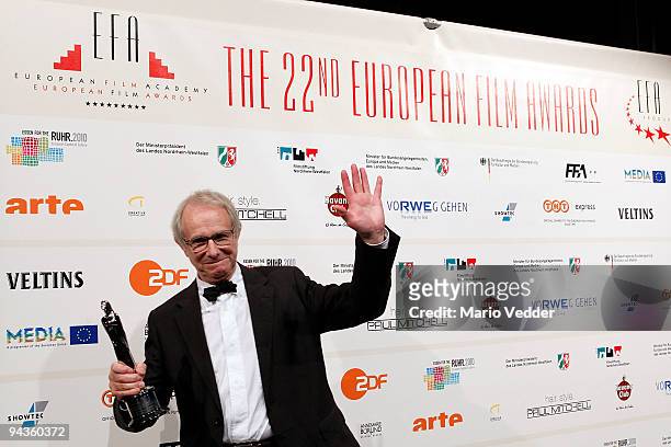 Ken Loach presents his award at the 22nd European Film Awards at the Jahrhunderthalle on December 12, 2009 in Bochum, Germany. Loach is the winner of...