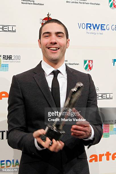 Tahar Rahim presents his award at the 22nd European Film Awards at the Jahrhunderthalle on December 12, 2009 in Bochum, Germany. Rahim received the...