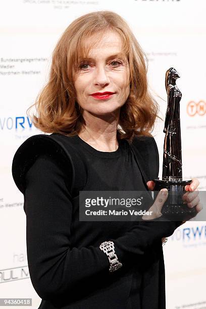 Isabelle Huppert presents her award at the 22nd European Film Awards at the Jahrhunderthalle on December 12, 2009 in Bochum, Germany. Huppert is the...