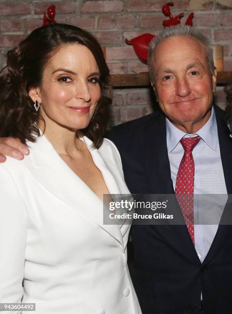 Tina Fey and Lorne Michaels pose at the opening night after party for the new musical "Mean Girls" on Broadway based on the cult film at TAO Downtown...