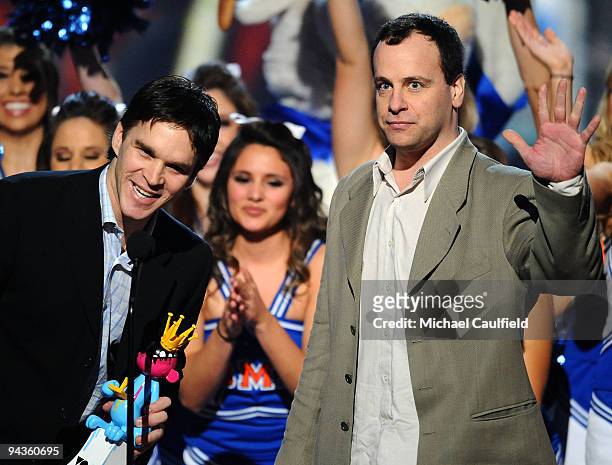 Hockey player Luc Robitaille and Dave Littman speak onstage at Spike TV's 7th Annual Video Game Awards at the Nokia Event Deck at LA Live on December...