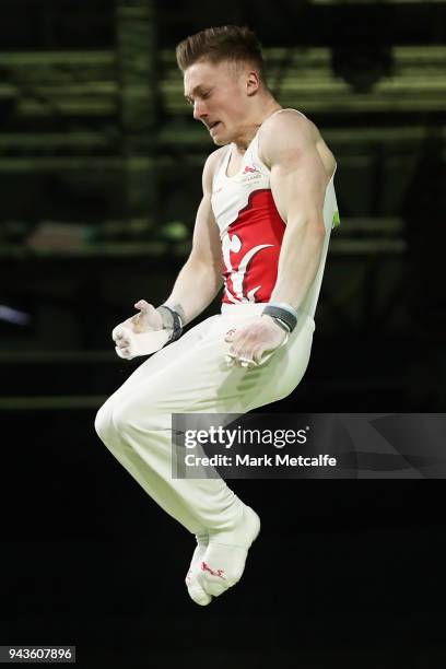 Nile Wilson of England competes in the MenÕs Horizontal Bar Final during Gymnastics on day five of the Gold Coast 2018 Commonwealth Games at Coomera...