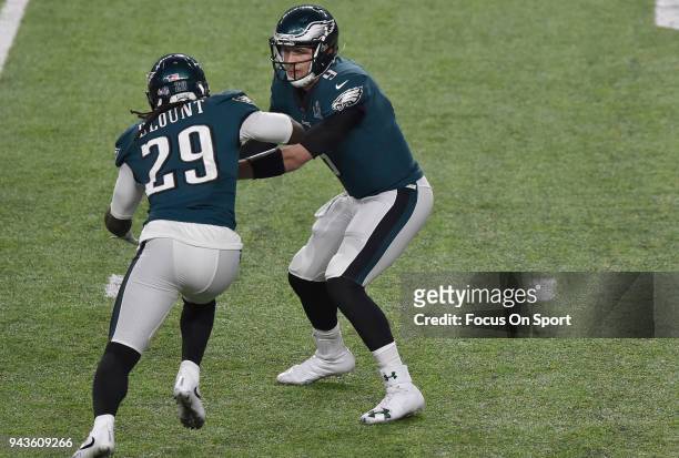 Nick Foles of the Philadelphia Eagles hands off to LeGarrette Blount against the New England Patriots during Super Bowl LII at U.S. Bank Stadium on...