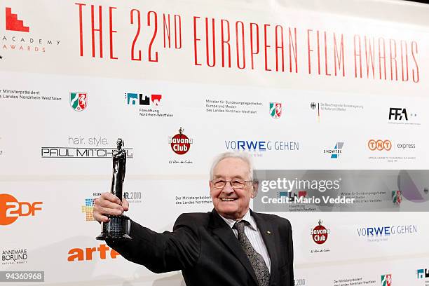 Andrzej Wajda presents his award at the 22nd European Film Awards at the Jahrhunderthalle on December 12, 2009 in Bochum, Germany. Wajda received a...