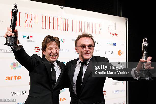 Director Danny Boyle and Producer Christian Colson present their award at the 22nd European Film Awards at the Jahrhunderthalle on December 12, 2009...