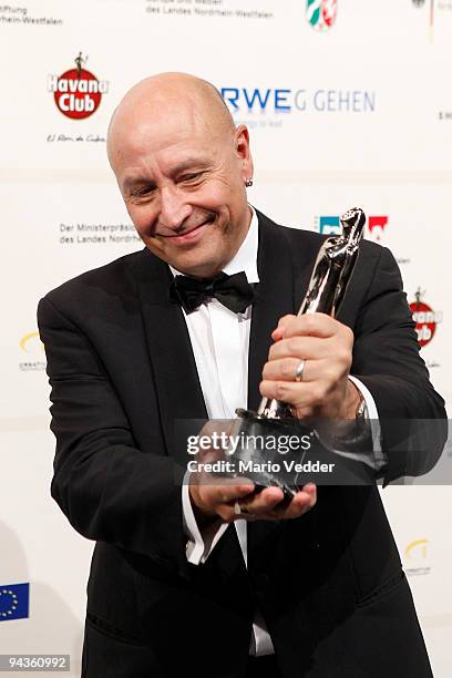 Peter Liechti presents his award at the 22nd European Film Awards at the Jahrhunderthalle on December 12, 2009 in Bochum, Germany. Liechti received...