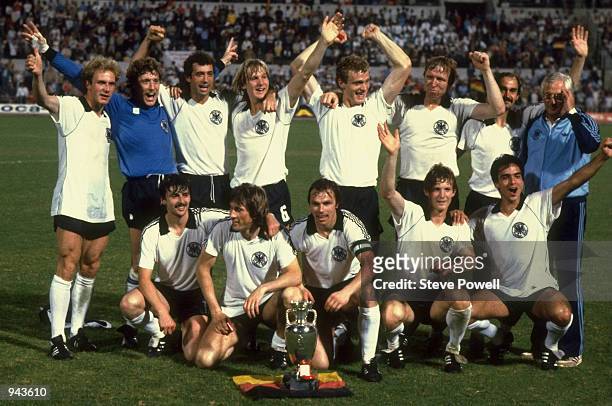 West Germany celebrate with the trophy after victory in the European Championship Final against Belgium at the Stadio Olimpico in Rome. West Germany...