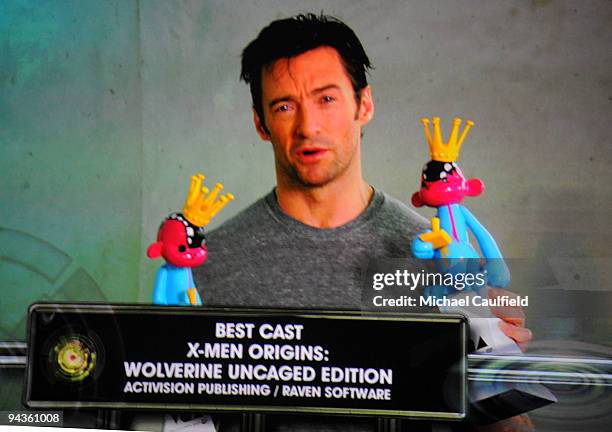 Actor Hugh Jackman speaks onscreen at Spike TV's 7th Annual Video Game Awards at the Nokia Event Deck at LA Live on December 12, 2009 in Los Angeles,...