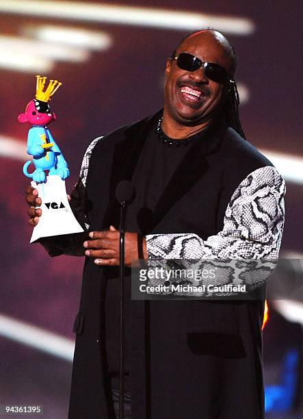 Singer/songwriter Stevie Wonder speaks onstage at Spike TV's 7th Annual Video Game Awards at the Nokia Event Deck at LA Live on December 12, 2009 in...