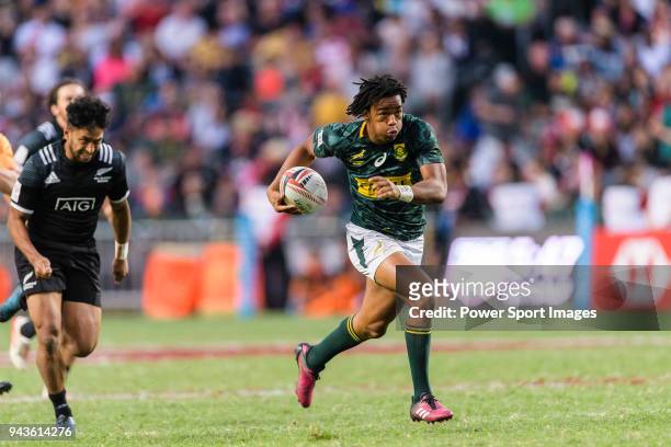 Stedman Gans of South Africa in action during the HSBC Hong Kong Sevens 2018 Bronze Medal Final match between South Africa and New Zealand on April...