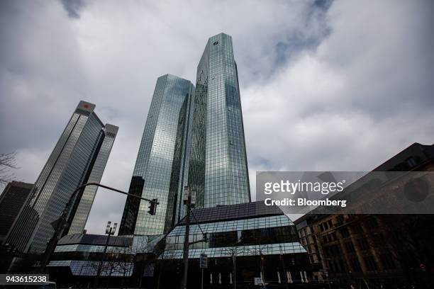 The twin tower skyscraper headquarters of Deutsche Bank AG stand in Frankfurt, Germany, on Monday, April 9, 2018. Deutsche Bank AG's new Chief...