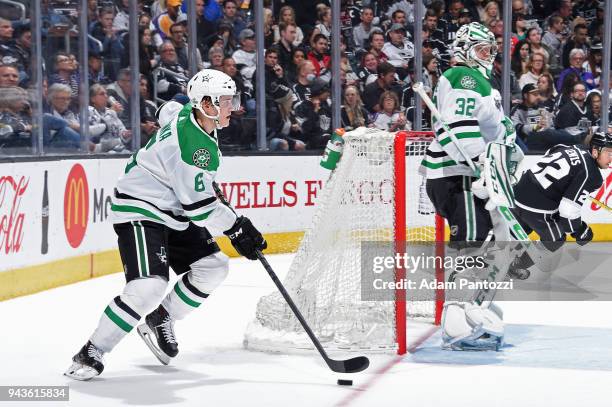 Julius Honka of the Dallas Stars handles the puck during a game against the Los Angeles Kings at STAPLES Center on April 7, 2018 in Los Angeles,...