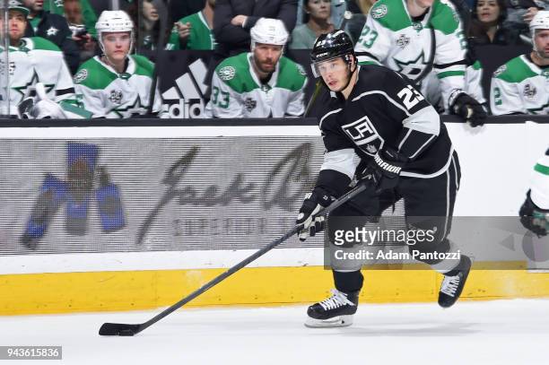 Dustin Brown of the Los Angeles Kings handles the puck during a game against the Dallas Stars at STAPLES Center on April 7, 2018 in Los Angeles,...