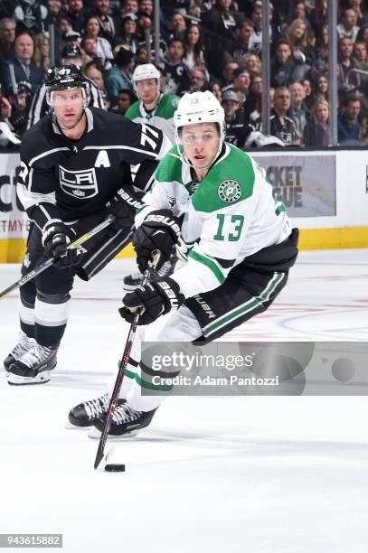 Mattias Janmark of the Dallas Stars handles the puck during a game against the Los Angeles Kings at STAPLES Center on April 7, 2018 in Los Angeles,...