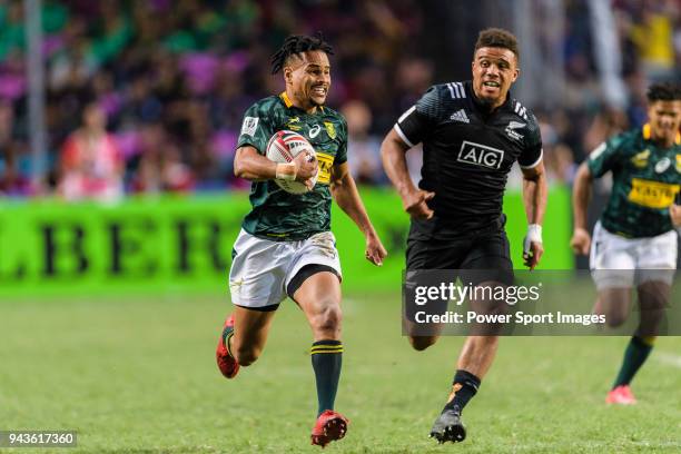 Selvyn Davids of South Africa runs with the ball during the HSBC Hong Kong Sevens 2018 Bronze Medal Final match between South Africa and New Zealand...