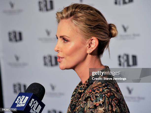 Actress Charlize Theron is interviewed at the San Francisco Film Festival for a Tribute on her film career and Premiere of her new film "Tully" at...