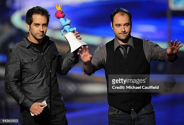 Winners of Best Action Adventure Game for 'Assassin's Creed II' speak onstage at Spike TV's 7th Annual Video Game Awards at the Nokia Event Deck at...