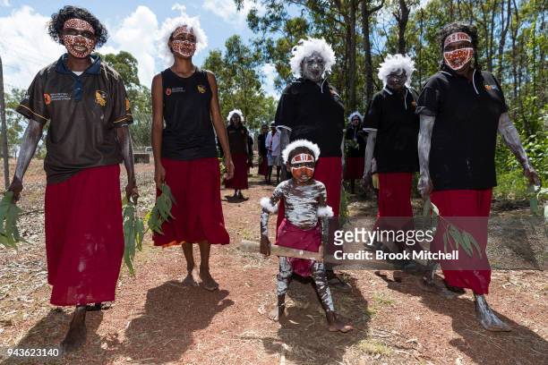 Young performers wait for the Prince of Wales before a traditional Welcome to Country Ceremony on April 9, 2018 in Gove, Australia. The Prince of...