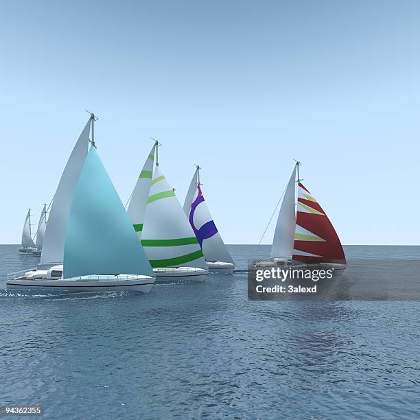 computer generated sailboat regatta on calm sea - regatta stockfoto's en -beelden