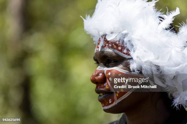 Young performer waits to perform a traditional Welcome to Country on April 9, 2018 in Gove, Australia. The Prince of Wales and Duchess of Cornwall...