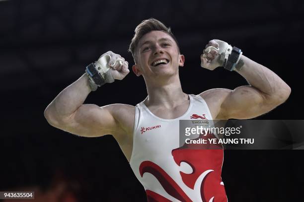 Nile Wilson of England reacts after winning the men's horizontal bar final artistic gymnastics event during the 2018 Gold Coast Commonwealth Games at...