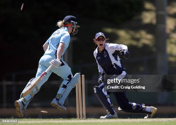 Alex Blackwell of the Breakers is run out by Rachael Haynes as Emma Inglis of the Spirit appeals during the WNCL match between the New South Wales...