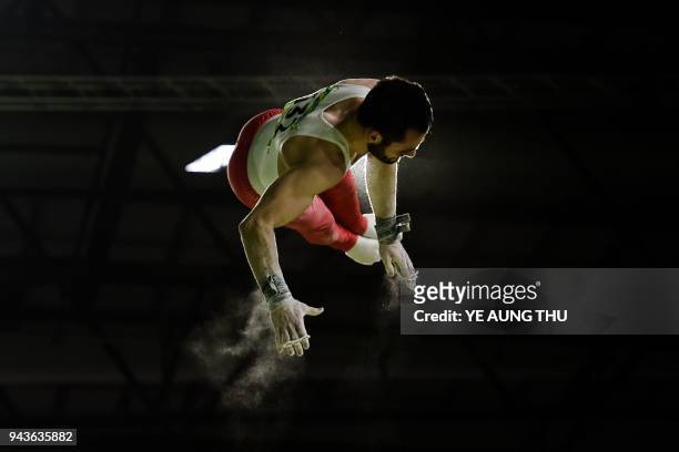 James Hall of England competes in the men's horizontal bar final artistic gymnastics event during the 2018 Gold Coast Commonwealth Games at the...