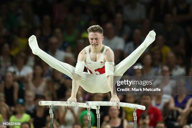 Nile Wilson of England competes in the MenÕs Parallel Bars Final during Gymnastics on day five of the Gold Coast 2018 Commonwealth Games at Coomera...