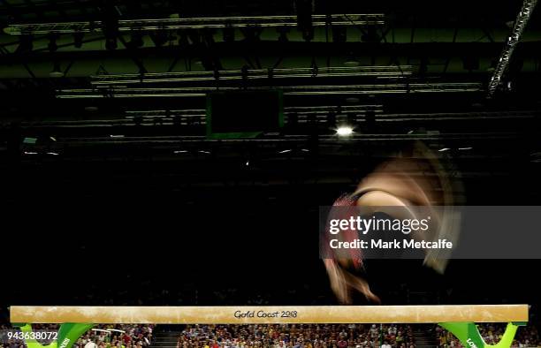 Elsabeth Black of Canada competes in the WomenÕs Balance Beam Final during Gymnastics on day five of the Gold Coast 2018 Commonwealth Games at...