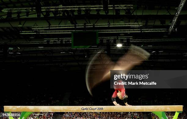 Elsabeth Black of Canada competes in the WomenÕs Balance Beam Final during Gymnastics on day five of the Gold Coast 2018 Commonwealth Games at...