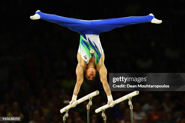 Ilias Georgiou of Cyprus competes in the Men's Parallel Bars Final during Gymnastics on day five of the Gold Coast 2018 Commonwealth Games at Coomera...