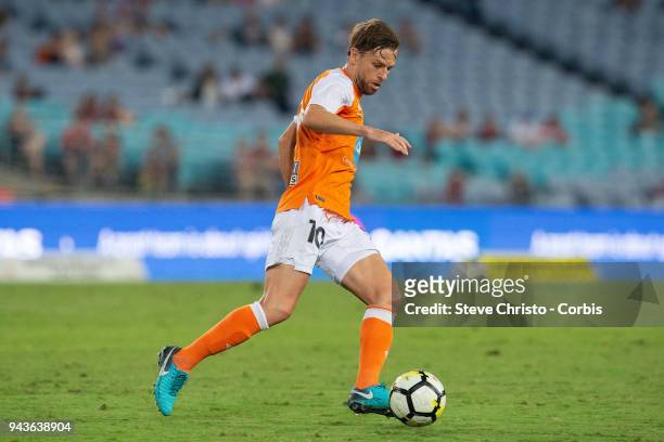 Brett Holman of the Roar in action during the round 26 A-League match between the Western Sydney Wanderers and the Brisbane Roar at Stadium Australia...