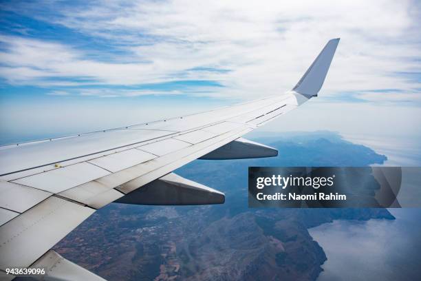 approaching majorca by air - aircraft wing stock pictures, royalty-free photos & images