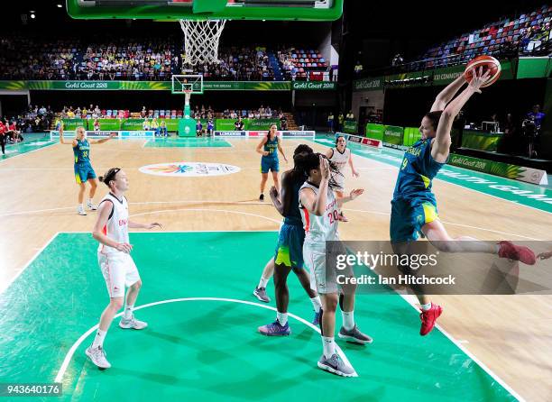 Kelsey Griffin of Australia collects a rebound during the Preliminary Basketball round match between Australia and England on day five of the Gold...