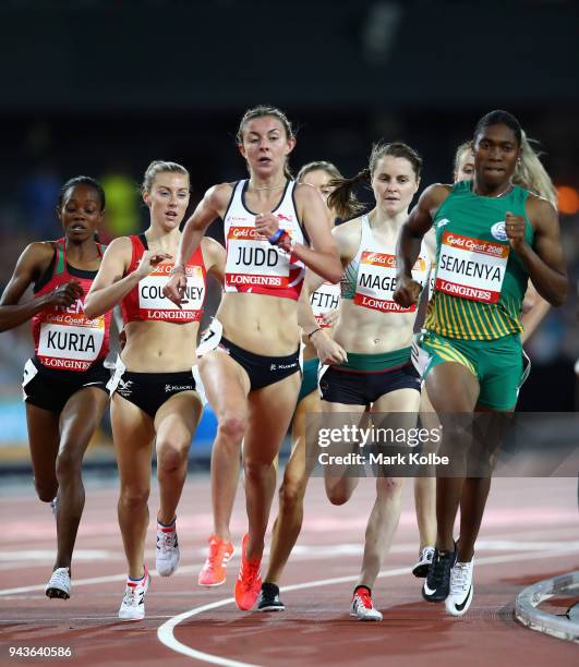 Caster Semenya of South Africa and Jessica Judd of England compete in the Women's 1500 metres heats during the Athletics on day five of the Gold...