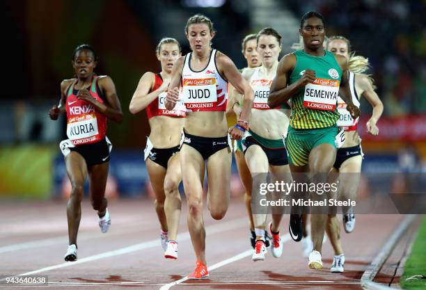 Caster Semenya of South Africa and Jessica Judd of England compete in the Women's 1500 metres heats during the Athletics on day five of the Gold...